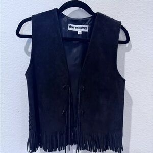 New Frontier Black Suede Leather Fringe Vest Boho Festival XS